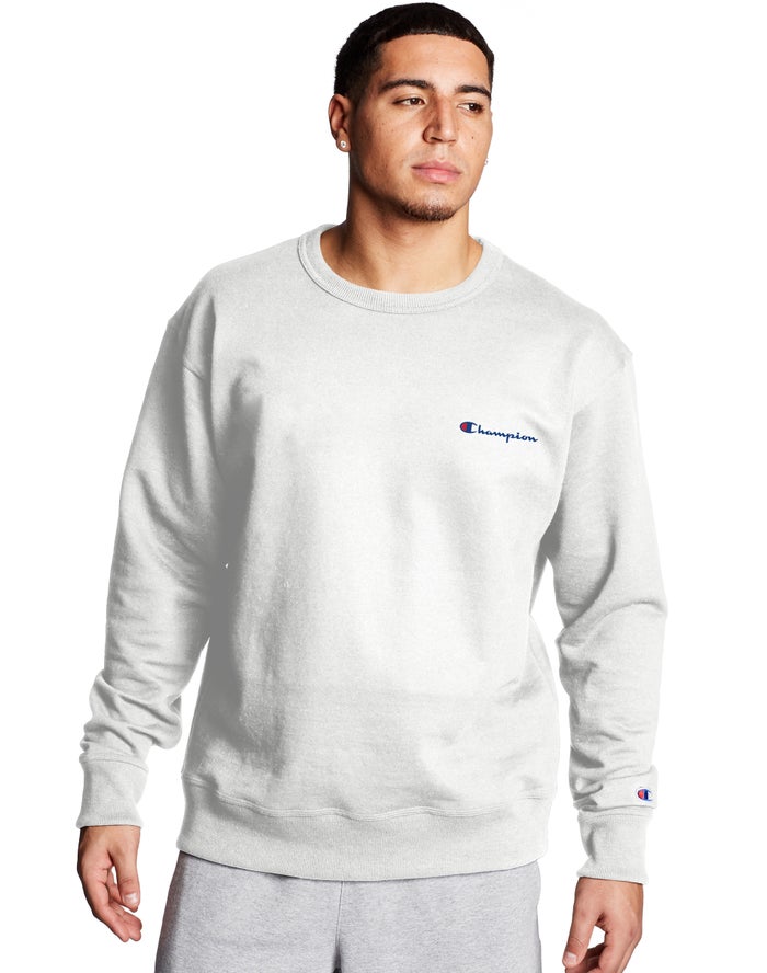 Champion Herre Sweatshirt Hvide - Powerblend Fleece Crew Script Logo - Danmark SVZ-279654